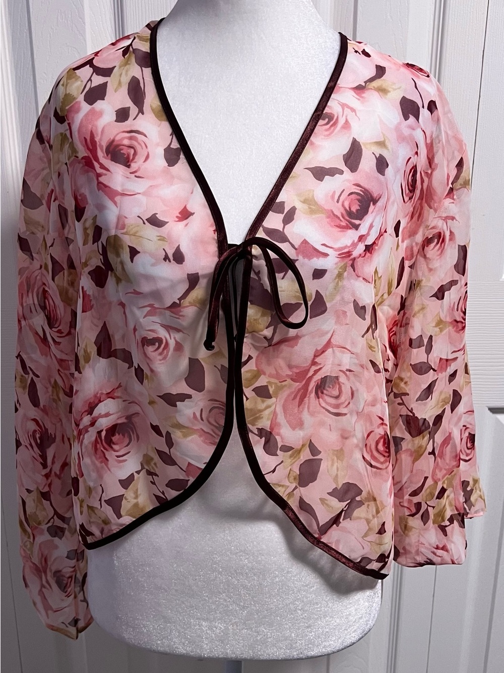 Sheer Pink Rose Garden Floral Tie-Front Cardigan